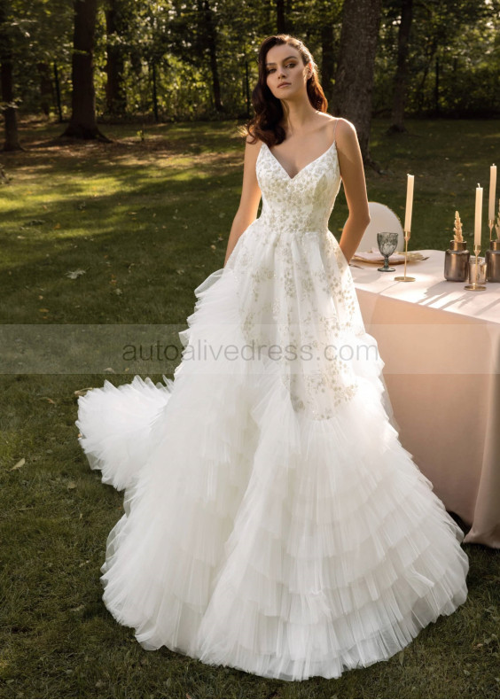 Beaded Ivory Lace Tulle Ruffled Luxurious Wedding Dress